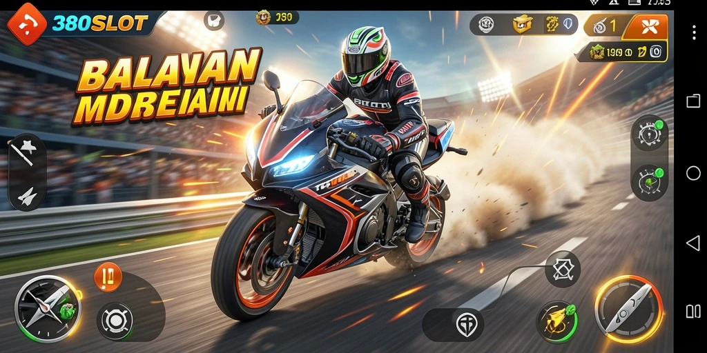 Tampilan gameplay mendebarkan dari 380SLOT dengan motor balap yang beraksi.