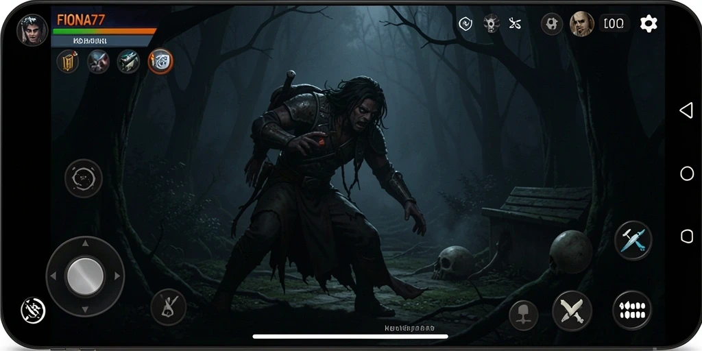 Screenshot gameplay FIONA77 menunjukkan suasana gelap dan menegangkan.
