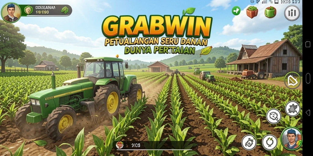 Screenshot gameplay <strong>GRABWIN</strong> yang menunjukkan kebun yang subur dan beragam tanaman.
