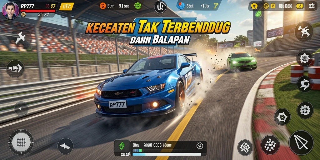 Screenshot RP777 menampilkan aksi balapan mendebarkan dan mobil yang cepat.