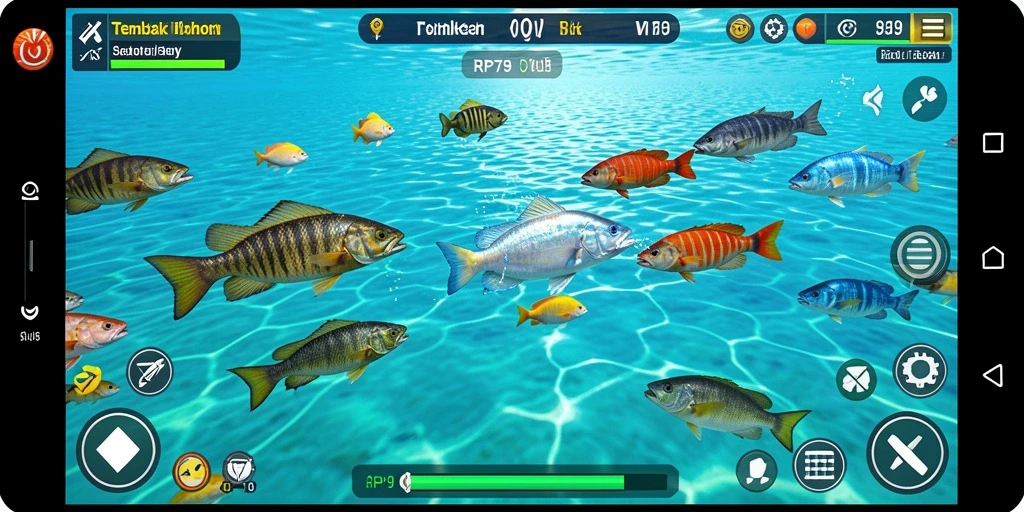 Screenshot utama gameplay Tembak Ikan RP79 yang menampilkan aksi menangkap ikan.