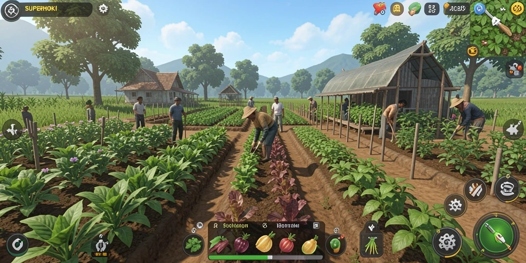 Tampilan atraktif dari gameplay <strong>SUPERHOKI</strong> saat bertani dan berkebun.